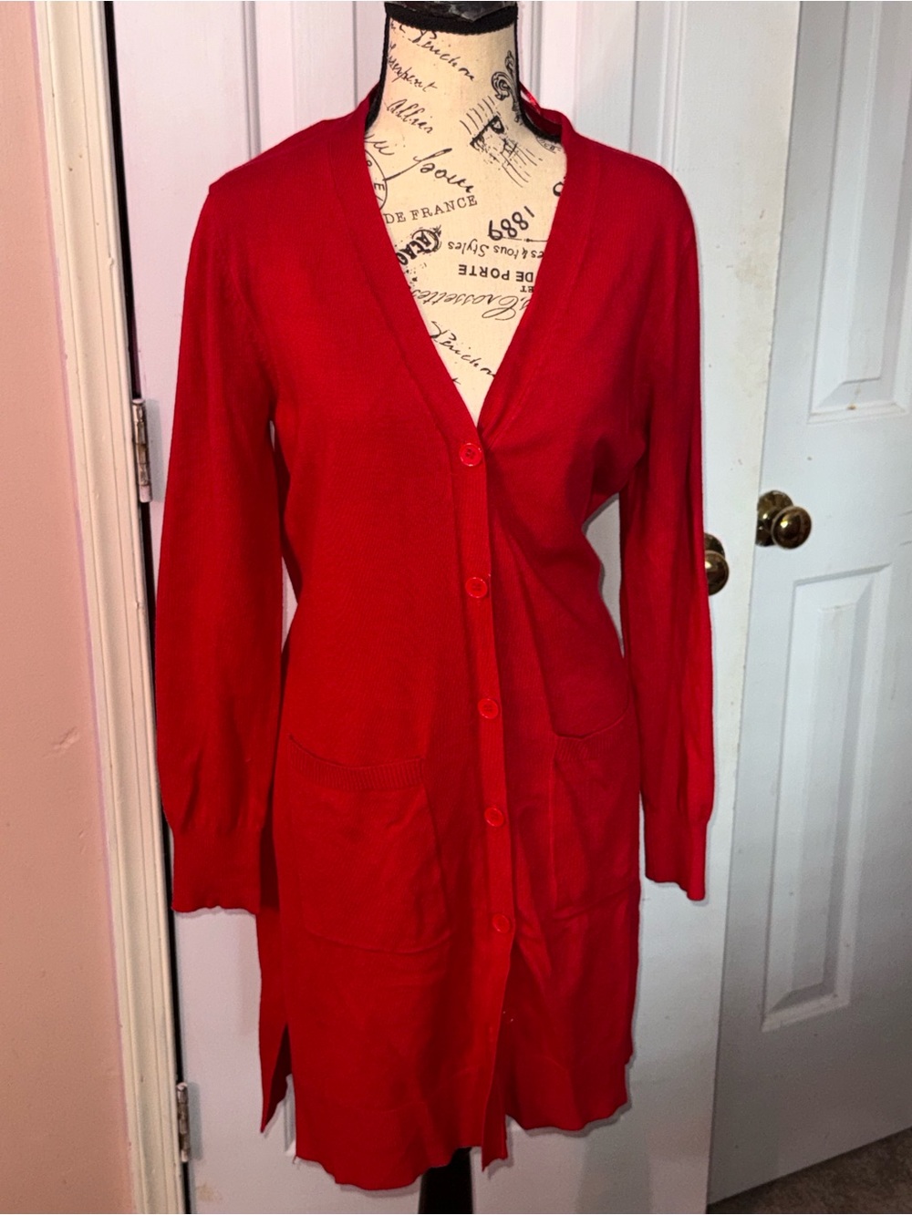 Cielo Long Red Button-Front Women's Cardigan